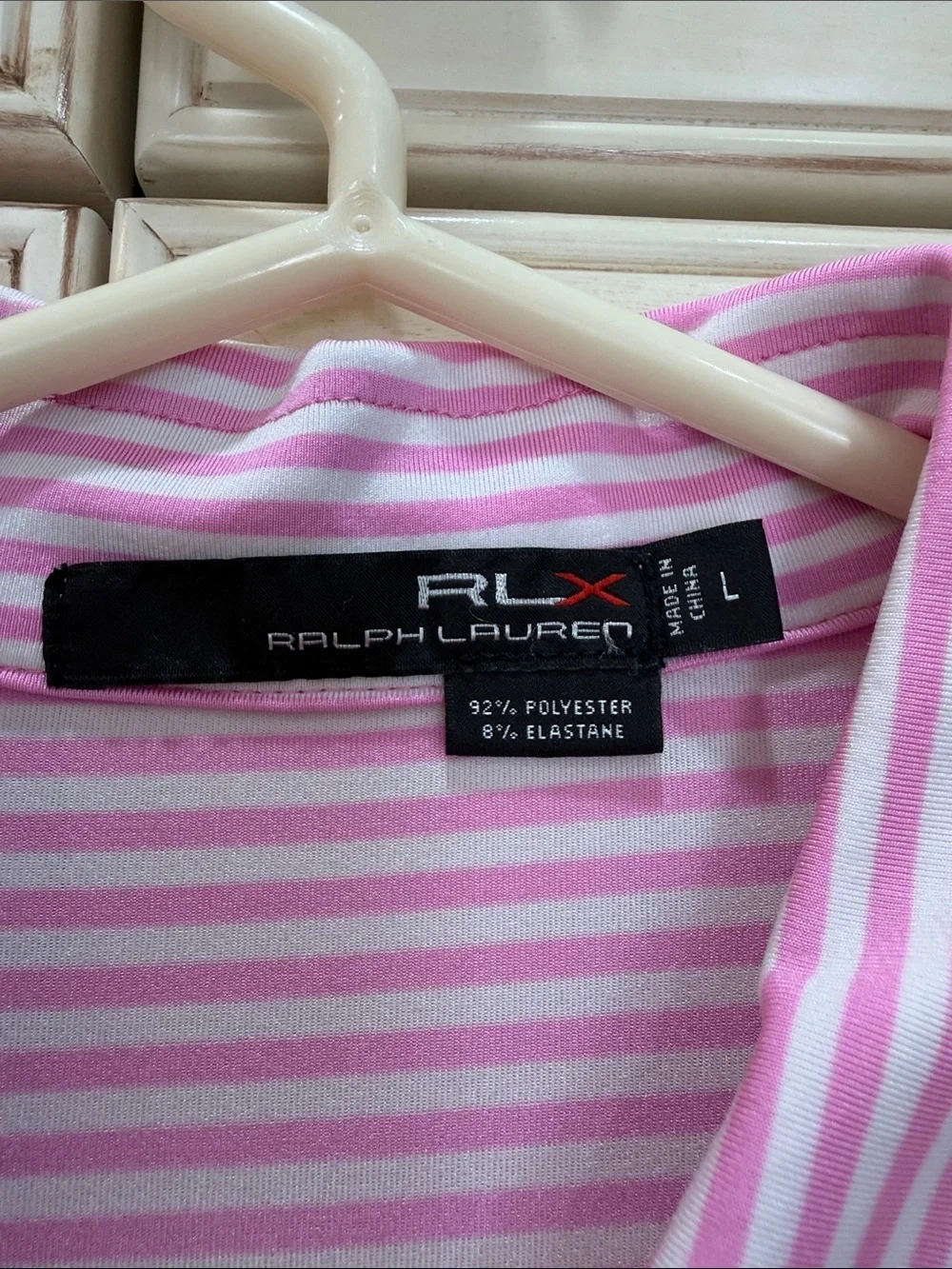 Ralph Lauren Pink & White Striped golf Polo Shirt with Fishers Island Logo